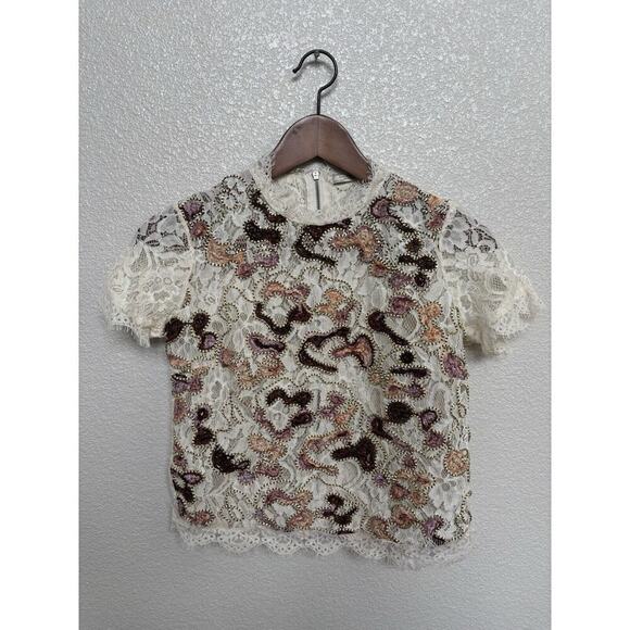 NEW Zara cream lace embroidered blouse short sleeve sheer womens small boho crop - Picture 1 of 5